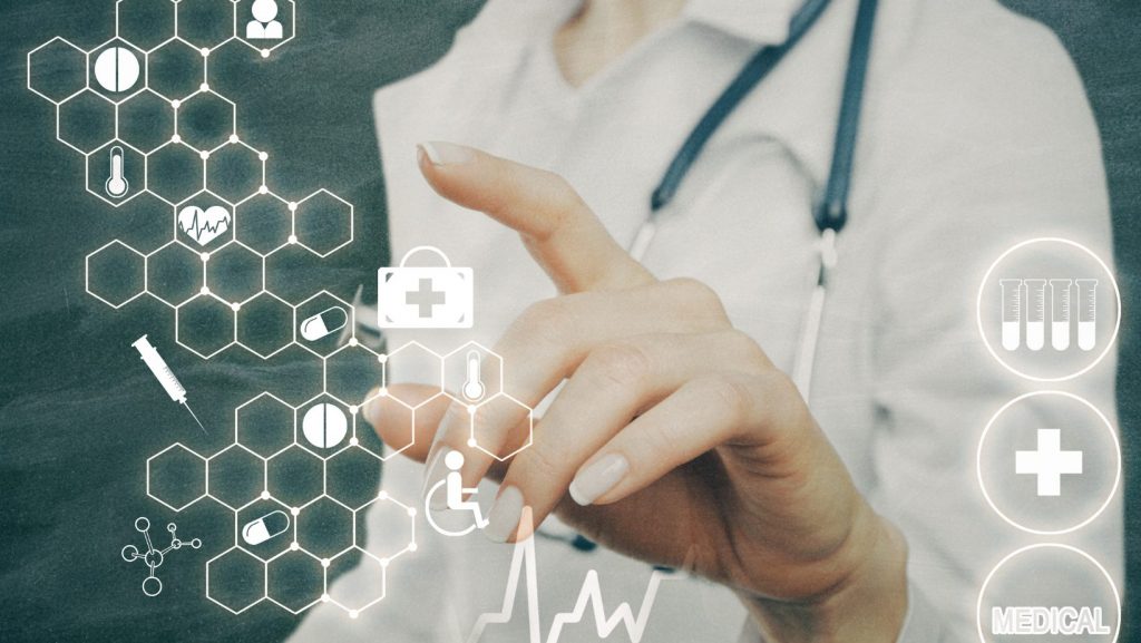 Image illustrant l'e-santé, avec des symboles représentant des technologies numériques, des appareils de suivi de santé et des dispositifs connectés favorisant la santé et le bien-être.