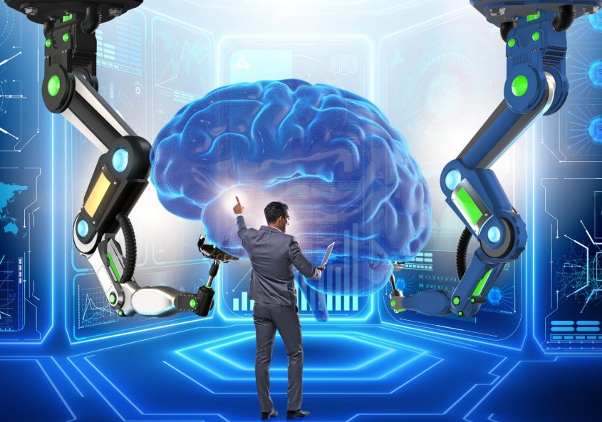 Image montrant l'évolution de l'Intelligence Artificielle(IA) et de l'Internet des Objets(IoT), avec des cerveaux connectés évoluant vers une intégration accrue avec des appareils et des capteurs IoT.